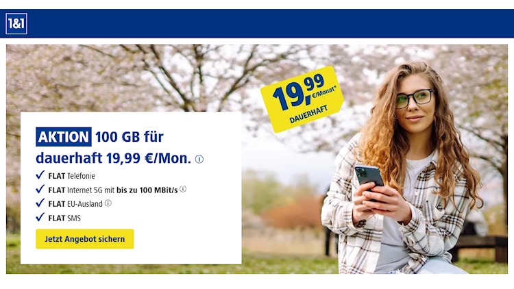 1&1 Frühlings-Special mit 100 GB für 19,99 Euro (Screenshot: mobile.1und1.de) 1&1 Frühlings-Special mit 100 GB für 19,99 Euro
