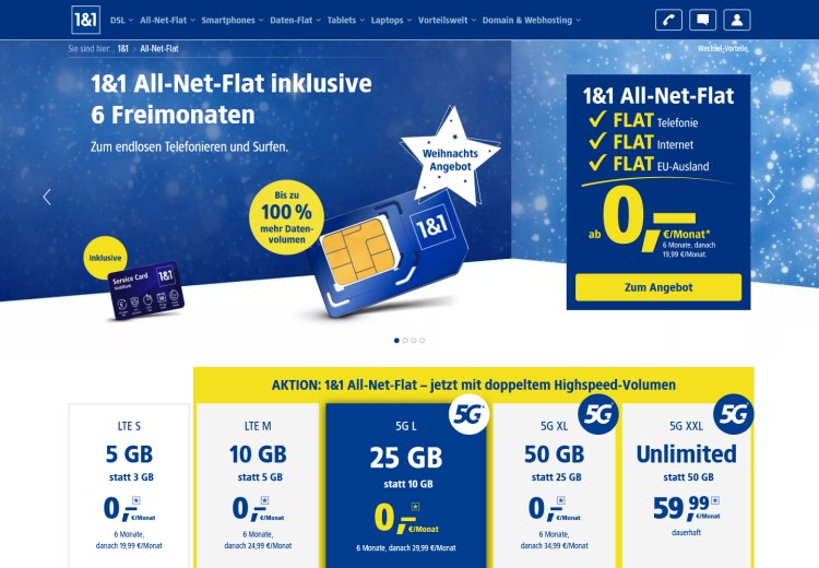 1&1 All-Net-Flat Tarife im Dezember 2021