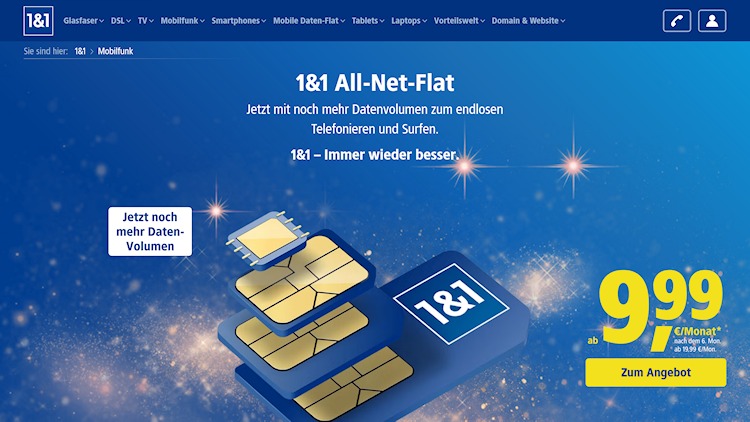 Mehr Datenvolumen für die 1&1 All-Net-Flats S bis L (Screenshot: mobile.1und1.de) Mehr Datenvolumen für die 1&1 All-Net-Flats S bis L