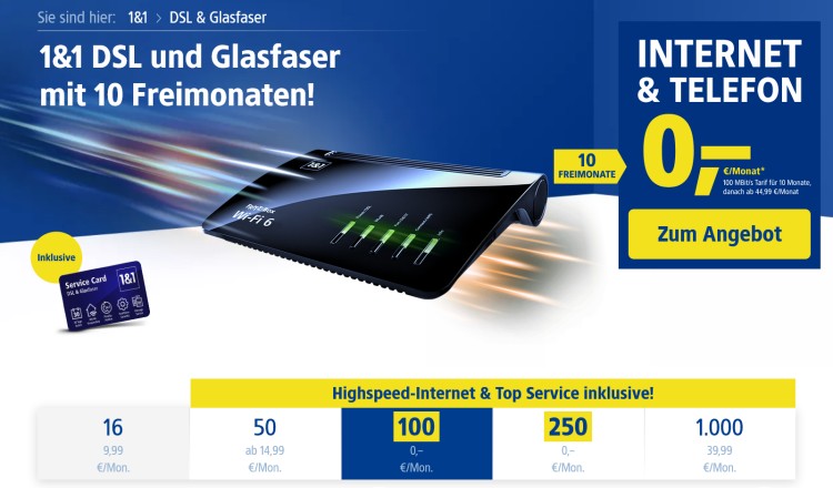 1und1 DSL- und Glasfaser-Tarife mit bis zu zehn Freimonaten (Screenshot: dsl.1und1.de) 1und1 DSL- und Glasfaser-Tarife mit bis zu zehn Freimonaten