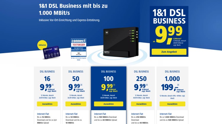 1und1 DSL Business Tarife (Screenshot: dsl.1und1.de/business) 1und1 DSL Business Tarife (Mai 2021)