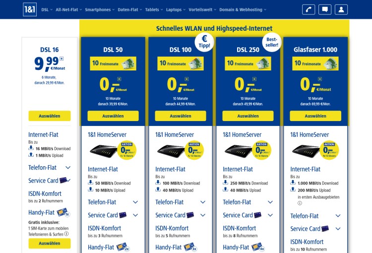 1und1 DSL Tarife mit bis zu 10 Monaten ohne Grundgebühr (Screenshot: dsl.1und1.de) 1und1 DSL Tarife mit bis zu 10 Monaten ohne Grundgebühr
