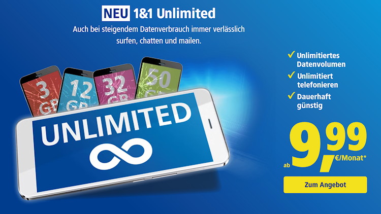 1&1 Unlimited Tarife ab 9,99 Euro pro Monat (Screenshot: mobile.1und1.de) 1&1 Unlimited Tarife ab 9,99 Euro pro Monat