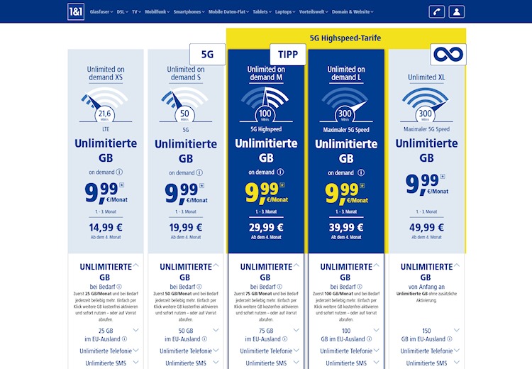 1&1 Unlimited-Tarife im März 2025 (Screenshot: mobile.1und1.de) 1&1 Unlimited-Tarife im März 2025