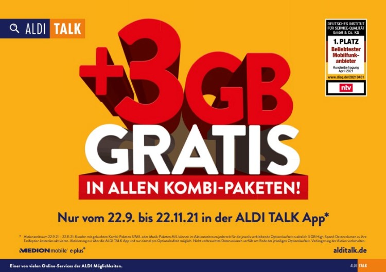Aldi Talk: 3 GB Gratis-Datenvolumen in Kombi- und Musik-Paketen Aldi Talk: 3 GB Gratis-Datenvolumen in Kombi- und Musik-Paketen