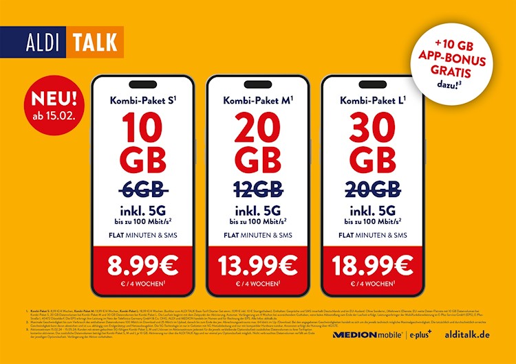 Aldi Talk: Neue Kombi-Pakete mit mehr Datenvolumen