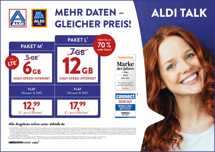 Aldi Talk: Mehr Datenvolumen ab 28. Januar für Neu- und Bestandskunden zum gleichen Preis
