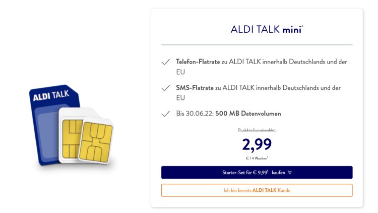 Aldi Talk mini Prepaid-Tarif (Screenshot: alditalk.de) Aldi Talk mini Prepaid-Tarif
