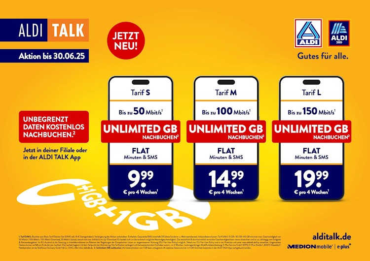 Aldi Talk: Drei Prepaid Unlimited-Tarife ab 9,99 Euro (Bild: Aldi) Aldi Talk: Drei Prepaid Unlimited-Tarife ab 9,99 Euro