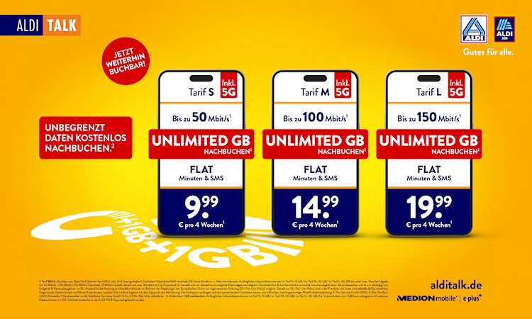 Aldi Talk Tarife S, M und L: Unbegrenzt oft Daten kostenlos nachbuchen (Bild: Aldi Talk) Aldi Talk Tarife S, M und L: Unbegrenzt oft Daten kostenlos nachbuchen
