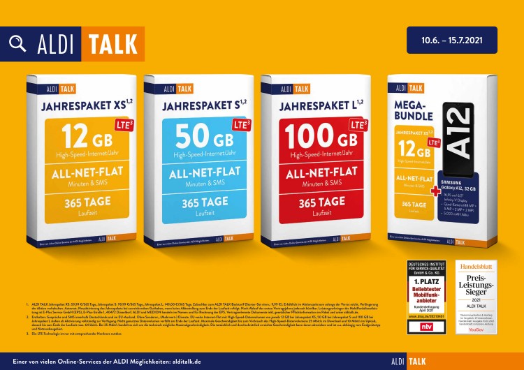 ALDI TALK Jahrespakete in drei Varianten vom 10. Juni bis zum 15. Juli 2021 (Bild: Aldi) ALDI TALK Jahrespakete