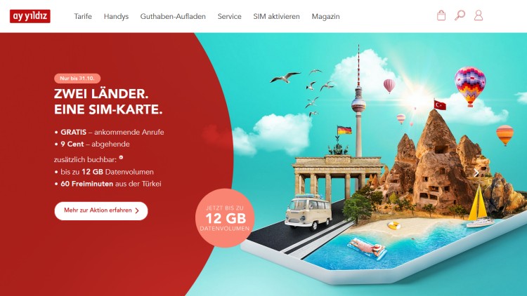 Ay Yildiz: Mehr Datenvolumen der Türkei Internet Optionen bis Ende Oktober 2022 (Screenshot: ayyildiz.de) Ay Yildiz Sommer-Aktion für den Türkei-Urlaub
