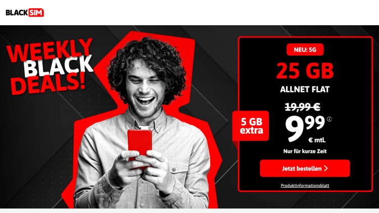 BlackSIM Allnet Flat 20 + 5 GB für 9,99 Euro