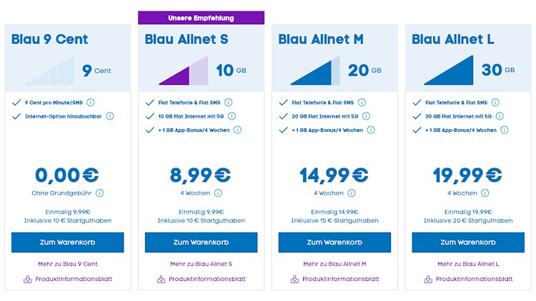 Blau Prepaid-Tarife im August 2024 (Screenshot: blau.de) Blau Prepaid-Tarife im August 2024