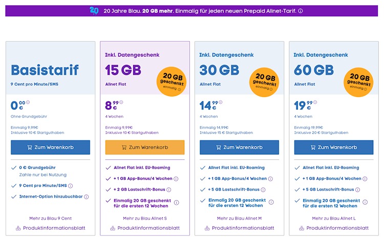 Blau Prepaid-Tarife (September 2025) (Bild: Blau) Blau Prepaid-Tarife (September 2025)