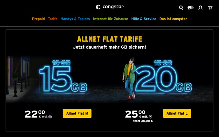 congstar Allnet Flat M mit 15 GB und L mit 20 GB