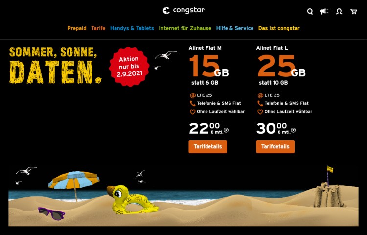 congstar Allnet Flat Tarife mit mehr Datenvolumen - Sommeraktion 2021