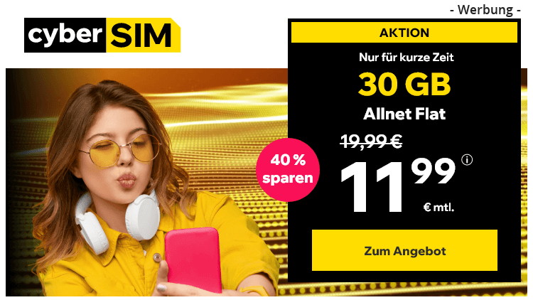 cyberSIM: 30 GB Allnet Flat für 11,99 Euro (Bild: cyberSIM.de) cyberSIM: 30 GB Allnet Flat für 11,99 Euro