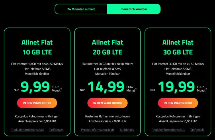 DR.SIM Tarife mit 1 Monat Laufzeit (Screenshot: www.doktor-sim.de) DR.SIM Tarife mit 1 Monat Laufzeit