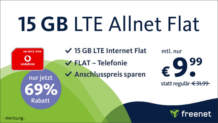 freenet: Allnet-Flat mit 15 GB LTE im Vodafone-Netz für 9,99 Euro (Bild: freenet.de) freenet: Allnet-Flat mit 15 GB LTE im Vodafone-Netz für 9,99 Euro