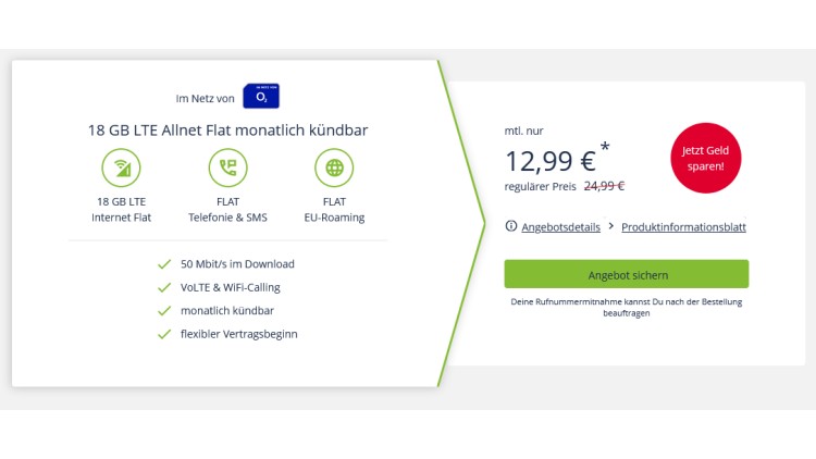 freenet: Allnet-Flat mit 18 GB im Telefónica-Netz für 12,99 Euro monatlich