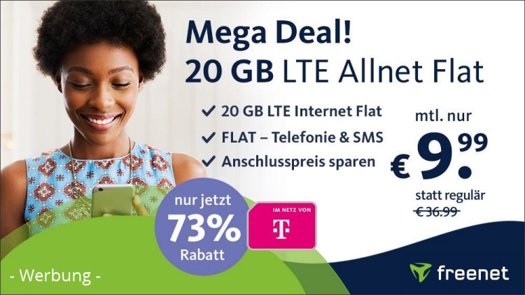 freenet: Allnet-Flat mit 20 GB LTE im Telekom-Netz für 9,99 Euro
