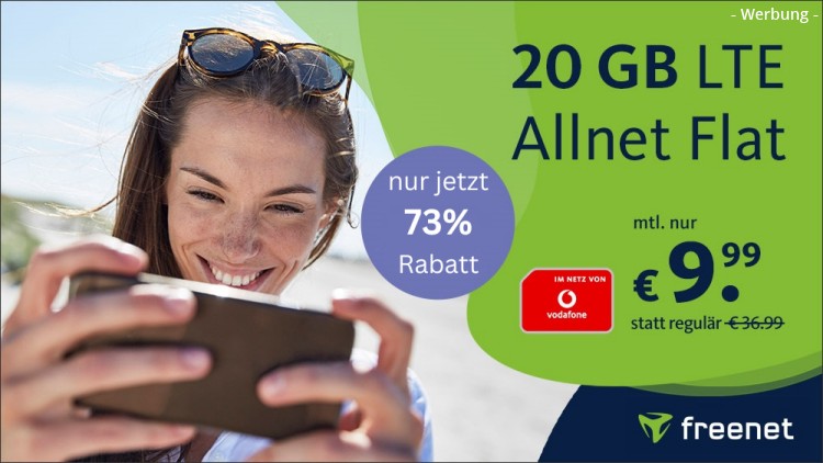 freenet: Allnet-Flat mit 20 GB LTE im Vodafone-Netz für 9,99 Euro (Screenshot: freenet.de) freenet: Allnet-Flat mit 20 GB LTE im Vodafone-Netz für 9,99 Euro