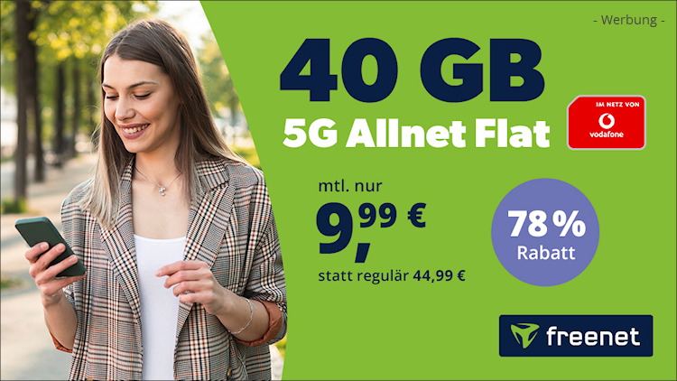 freenet: Allnet-Flat mit 40 GB 5G im Vodafone-Netz für 9,99 Euro (Bild: freenet.de) freenet: Allnet-Flat mit 40 GB 5G im Vodafone-Netz für 9,99 Euro