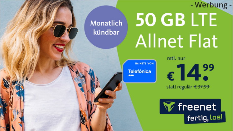 freenet: Allnet-Flat mit 50 GB LTE im Telefónica-Netz für 14,99 Euro (Bild: freenet.de) freenet: Allnet-Flat mit 50 GB LTE im Telefónica-Netz für 14,99 Euro