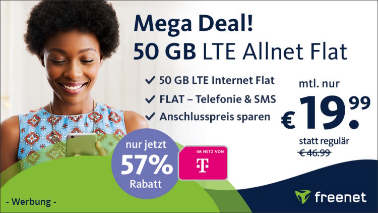 freenet: Allnet-Flat mit 50 GB LTE im Telekom-Netz für 19,99 Euro