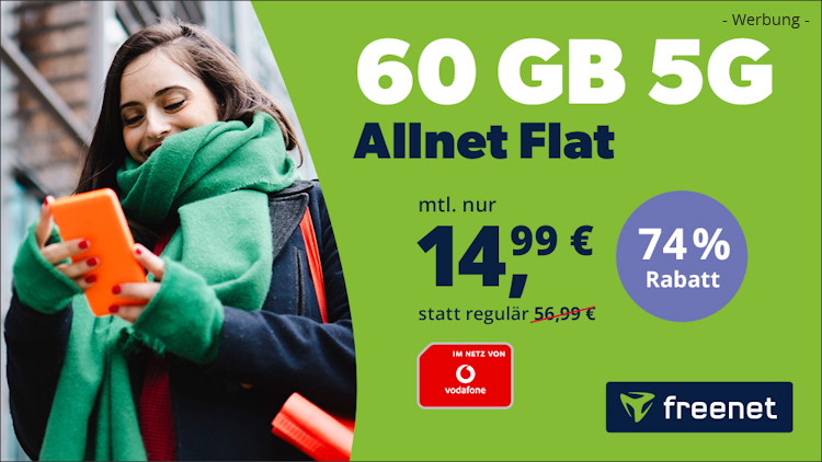 freenet: Allnet-Flat mit 60 GB 5G im Vodafone-Netz für 14,99 Euro (Bild: freenet.de) freenet: Allnet-Flat mit 60 GB 5G im Vodafone-Netz für 14,99 Euro