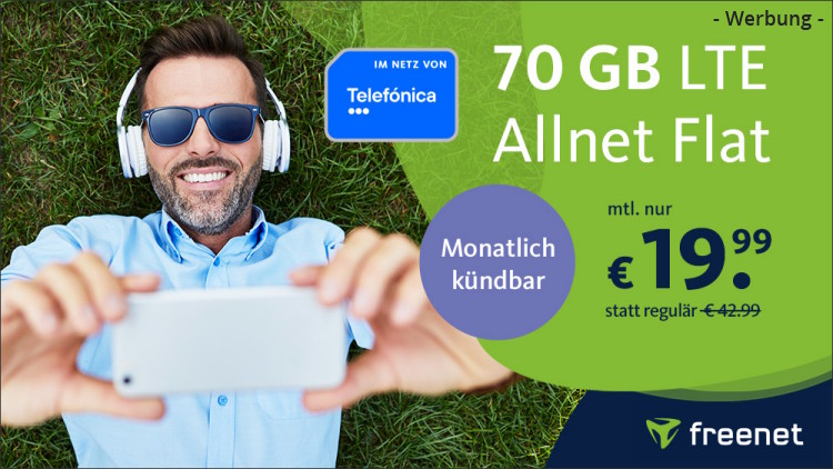 freenet: Allnet-Flat mit 70 GB LTE im O2-Netz für 19,99 Euro (Bild: freenet.de) freenet: Allnet-Flat mit 70 GB LTE im O2-Netz für 19,99 Euro