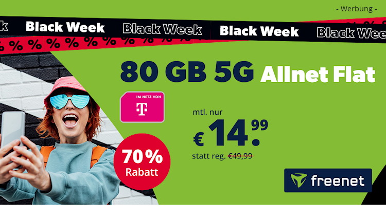 freenet Black Week Angebot: Allnet-Flat mit 80 GB 5G im Telekom-Netz für 14,99 Euro