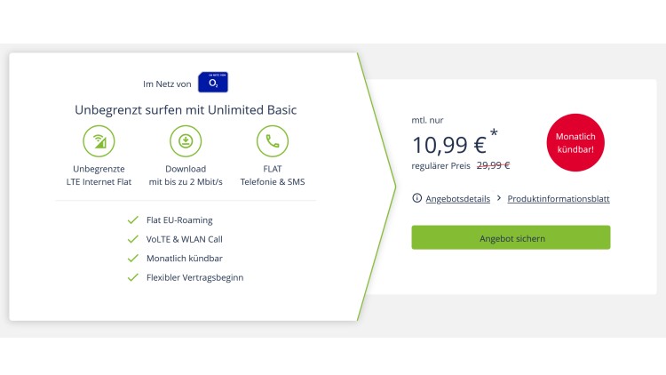 freenet: o2 Free Unlimited Basic für 10,99 Euro monatlich