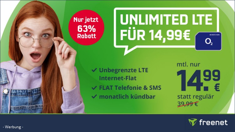 freenet: Unlimited LTE Tarif im O2-Netz für 14,99 Euro monatlich (Bild: freenet) freenet: Unlimited LTE Tarif im O2-Netz für 14,99 Euro monatlich