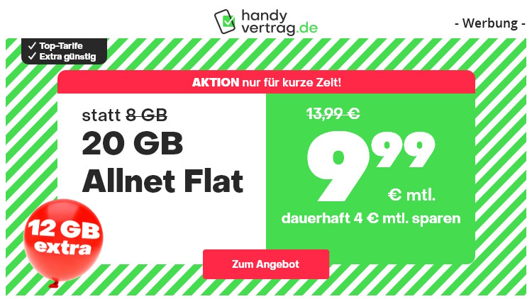 handyvertrag.de LTE All Tarif mit 20 GB Datenvolumen für 9,99 Euro (Screenshot: handyvertrag.de) handyvertrag.de LTE All Tarif mit 20 GB Datenvolumen für 9,99 Euro