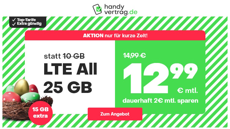 handyvertrag.de LTE All Tarif mit 25 GB Datenvolumen für 12,99 Euro
