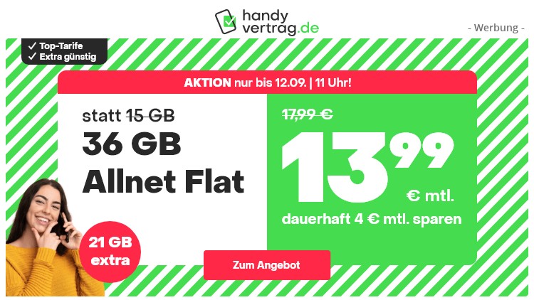 handyvertrag.de LTE All Tarif mit 36 GB Datenvolumen für 13,99 Euro (Screenshot: handyvertrag.de) handyvertrag.de LTE All Tarif mit 36 GB Datenvolumen für 13,99 Euro