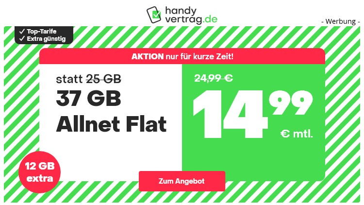 handyvertrag.de LTE All Tarif mit 37 GB Datenvolumen für 14,99 Euro (Screenshot: handyvertrag.de) handyvertrag.de LTE All Tarif mit 37 GB Datenvolumen für 14,99 Euro