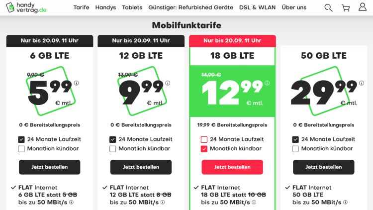 handyvertrag.de LTE All Tarif mit 18 GB Datenvolumen für 12,99 Euro