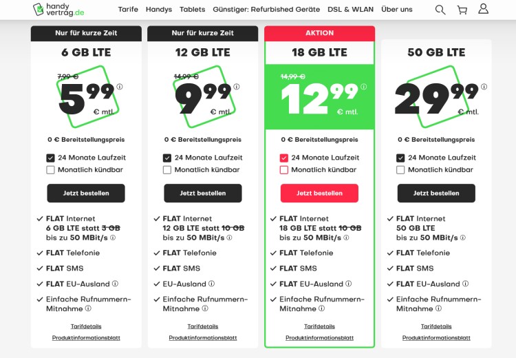 handyvertrag.de LTE All Tarif mit 18 GB Datenvolumen für 12,99 Euro