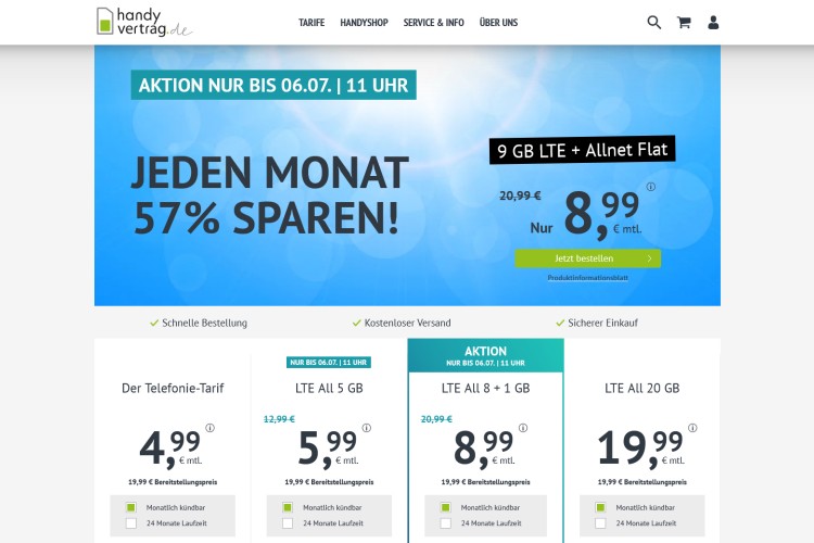 LTE All 8+1 GB Tarif für 8,99 Euro im Monat bei handyvertrag.de