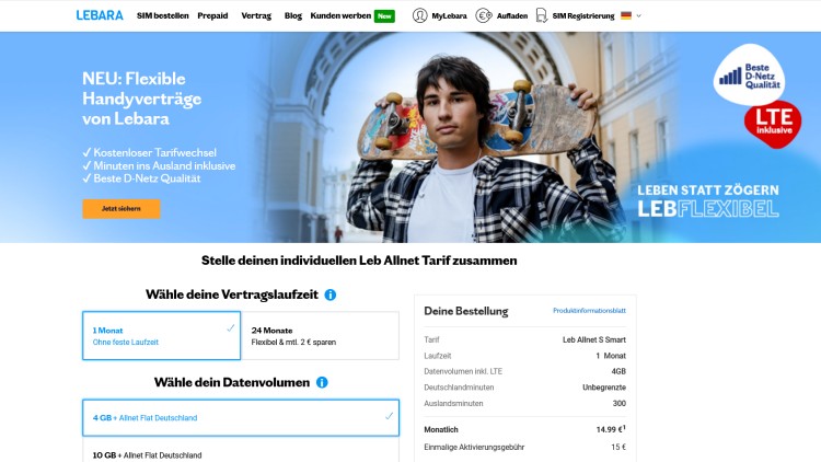Lebara: Flexible Mobilfunkverträge zum Telefonieren und Surfen inklusive Auslandsminuten (Screenshot: mobile.lebara.com/de/) Lebara: Flexible Mobilfunkverträge zum Telefonieren und Surfen inklusive Auslandsminuten