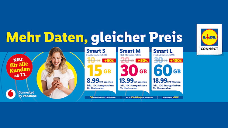 Lidl Connect: Bis zu 100 Prozent mehr Datenvolumen in allen Smart-Tarifen (Foto: Lidl) Lidl Connect: Bis zu 100 Prozent mehr Datenvolumen in allen Smart-Tarifen (Foto: Lidl)