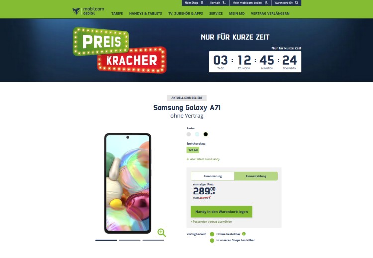 mobilcom-debitel Preiskracher: Samsung Galaxy A71