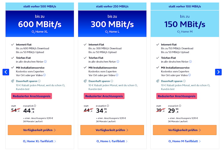 o2 Home Tarife für den Kabel-Internet-Zugang (Screenshot: o2online.de) o2 Home Tarife für den Kabel-Internet-Zugang