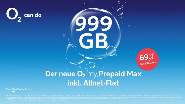 O2 my Prepaid Max Tarif mit 999 GB für 69,99 Euro pro 4 Wochen (Bild: Telefónica Deutschland / O2) O2 my Prepaid Max Tarif mit 999 GB für 69,99 Euro pro 4 Wochen