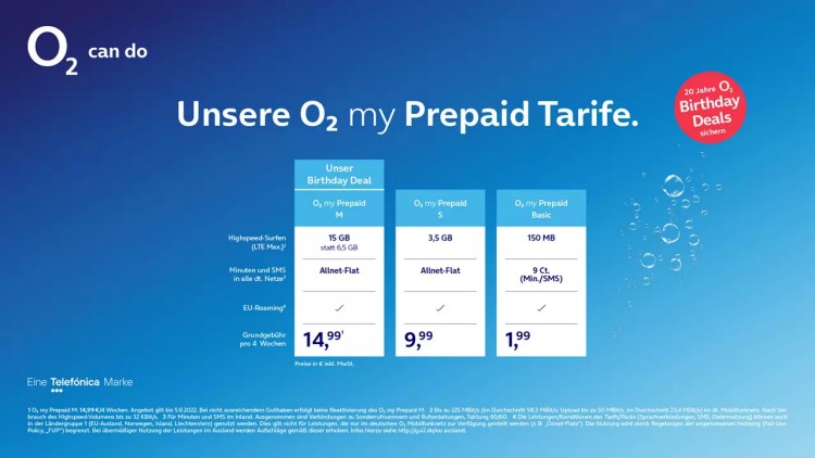 O2 Prepaid Birthday Deal: 15 GB für 15 Euro (Bild: O2 / Telefónica) O2 Prepaid Birthday Deal: 15 GB für 15 Euro