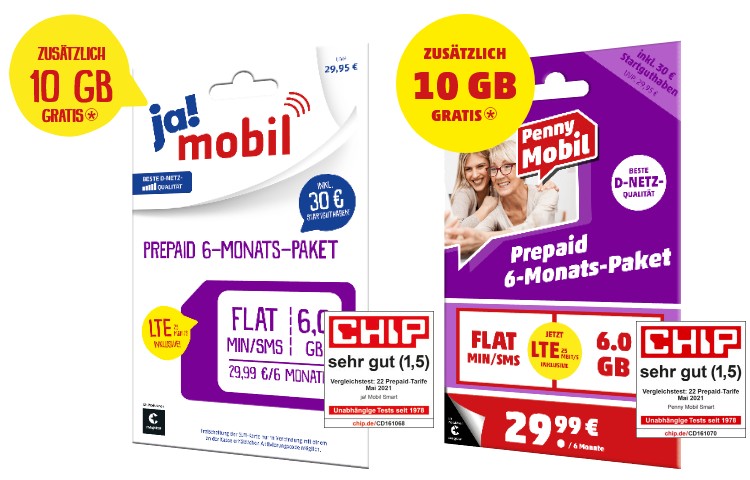 Penny Mobil und ja! Mobil 6-Monats-Palet mit 10 GB Extra Penny Mobil und ja! Mobil 6-Monats-Palet mit 10 GB Extra