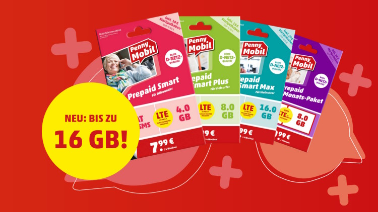 Prepaid-Tarife von Penny Mobil mit bis zu 16 GB Datenvolumen (Screenshot: www.pennymobil.de) Prepaid-Tarife von Penny Mobil mit bis zu 16 GB Datenvolumen